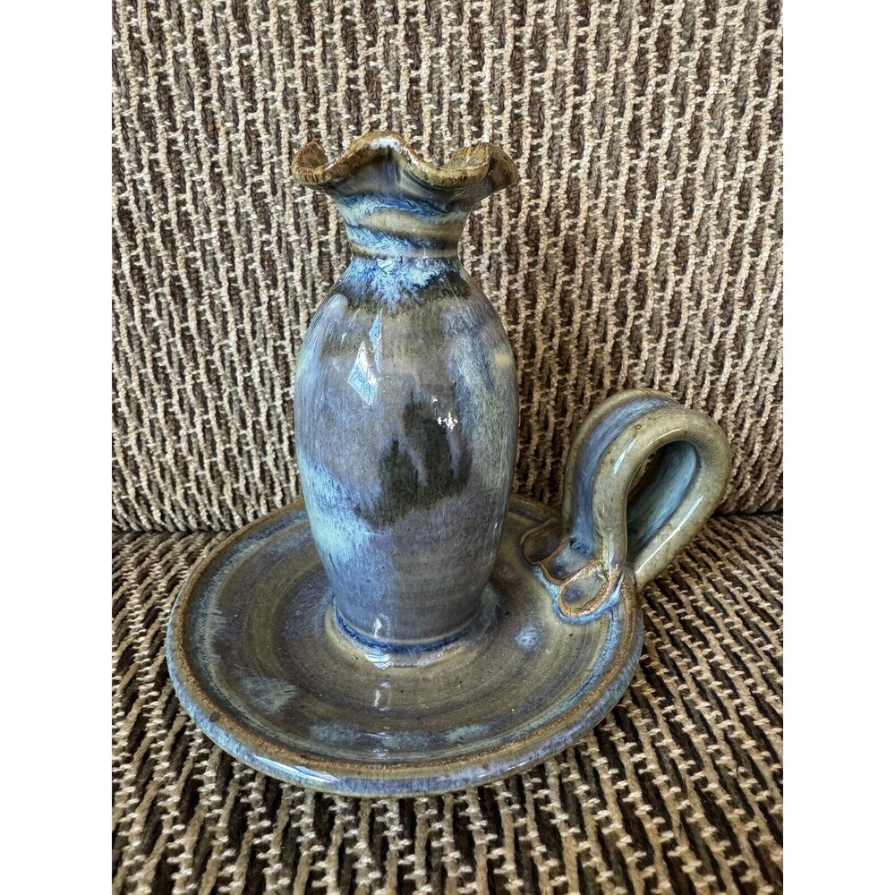 Handmade‎ Dick Lehman Art Pottery Blue Glazed Small Oil Lamp/Bud Vase~Goshen, IN